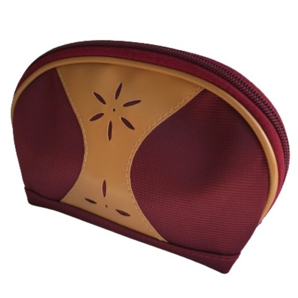 Burgundy Tan Flower Cut Out Zipper Pouch Organizer